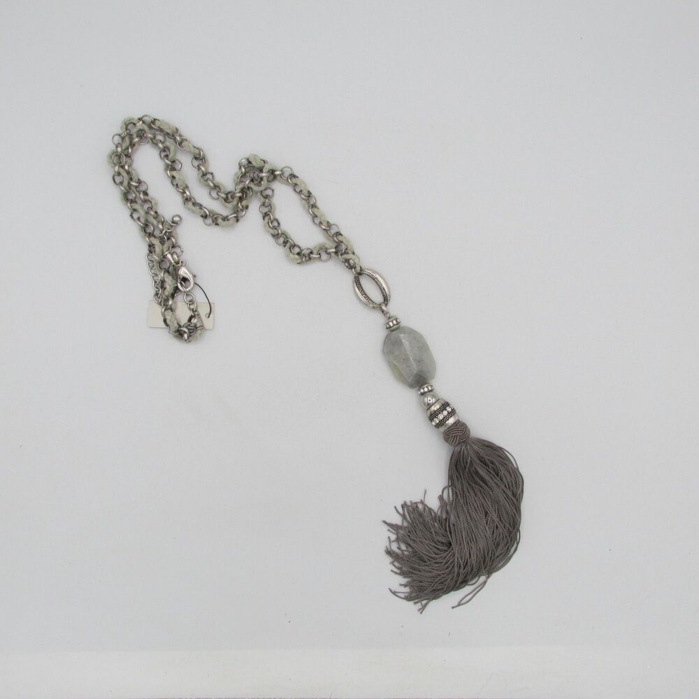 NWT Chico's Carmen Tassel Necklace Gray Stone Silver Tone Statement Long Boho